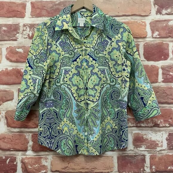 Chicos Top Shirt Womens Small Blue Yellow Multicolor Boho Floral Button Up - Picture 1 of 6
